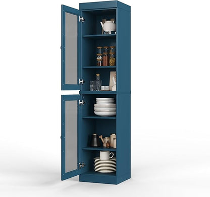 Palace Imports Solid Wood Kitchen Pantry Cabinet w/Glass Doors - Narrow Storage Cabinet - 16.5" Wide x 71.5" Tall - Teal Blue, Adjustable Shelves, 100% Eco-Friendly Wood, Modular Cabinets