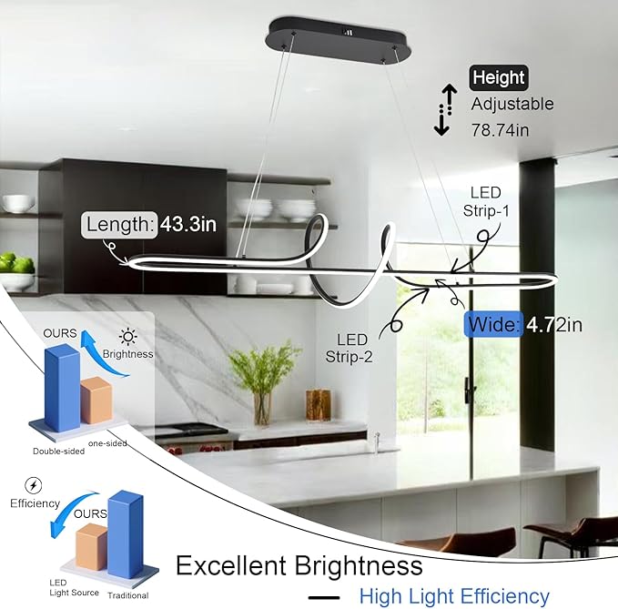 Black Modern Chandelier, 43.30" Large Modern Led Pendant Light for Kitchen Island with Remote,Dimmable Led Chandelier for Dining Room Adjustable Height Ceiling Hanging