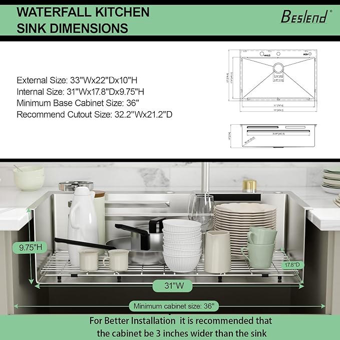 33 Inch Waterfall Kitchen Sink - Beslend 33x22 Drop In Waterfall Sink Workstation Smart Sinks 16 Gauge Stainless Steel Single Bowl Single Basin with Faucet Combo