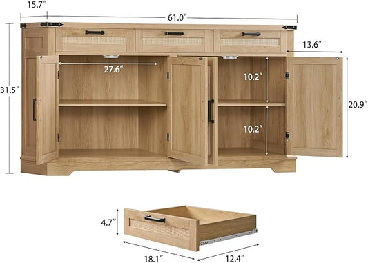usikey 61” Large Buffet Cabinet with Storage, Sideboard Cabinet with 4 Doors and 3 Drawers, Farmhouse Buffet Table, Dining Room Storage Cabinet for Kitchen or Living Room, Natural