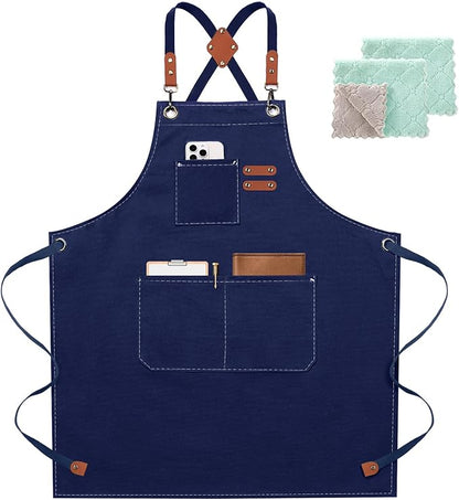 ZOMAO Chef Apron for Women Men with Large Pockets, Cotton Canvas Cross Back Waterproof Work Aprons for Kitchen Cooking Bib