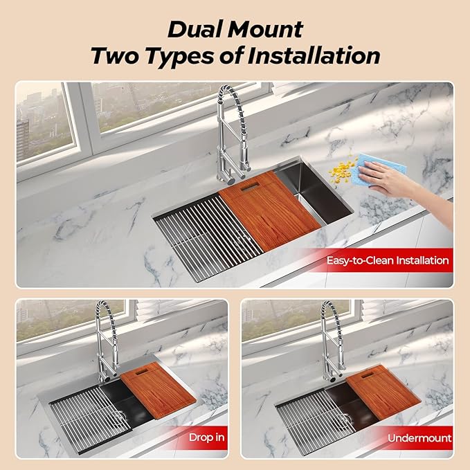 33 x 22 Drop-In/Undermount Kitchen Sink, TECASA Single Bowl Kitchen Sink, 18-Gauge T-304 Stainless Steel Basin with Workstation