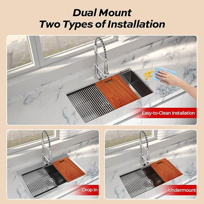 33 x 22 Drop-In/Undermount Kitchen Sink, TECASA Single Bowl Kitchen Sink, 18-Gauge T-304 Stainless Steel Basin with Workstation