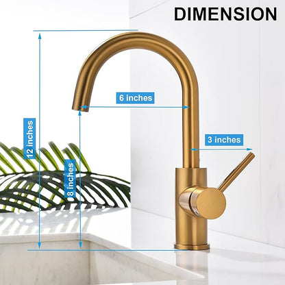 Brass Bar Faucet Single Hole, Brushed Brass Kitchen Sink Faucets, Single Handle Brush Gold Modern Wet Bar Sink Faucets, Stainless Steel Mixer Basin Taps, WI608BTG