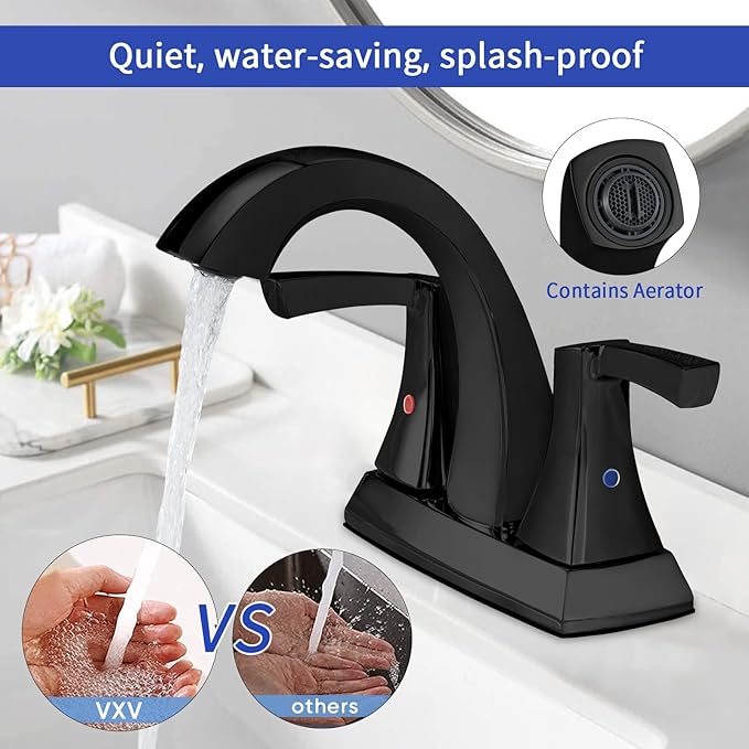 VXV Bathroom Faucet Matte Black, 2 Handles Low Arc Bathroom Sink Faucets, 4 Inch Centerset Bath Lavatory Faucets with Pop-up Drain & Faucet Supply Lines (MB)