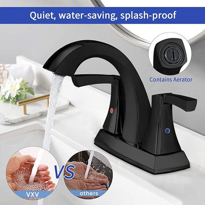 VXV Bathroom Faucet Matte Black, 2 Handles Low Arc Bathroom Sink Faucets, 4 Inch Centerset Bath Lavatory Faucets with Pop-up Drain & Faucet Supply Lines (MB)