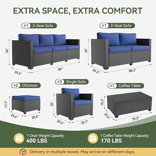 Aoxun 10 Piece Outdoor Patio Furniture Set 9 Seats, Outdoor Sectional with Thick Waterproof Cushions, Patio Conversation Sets for Garden,Backyard, Porch, Balcony, Black & Blue