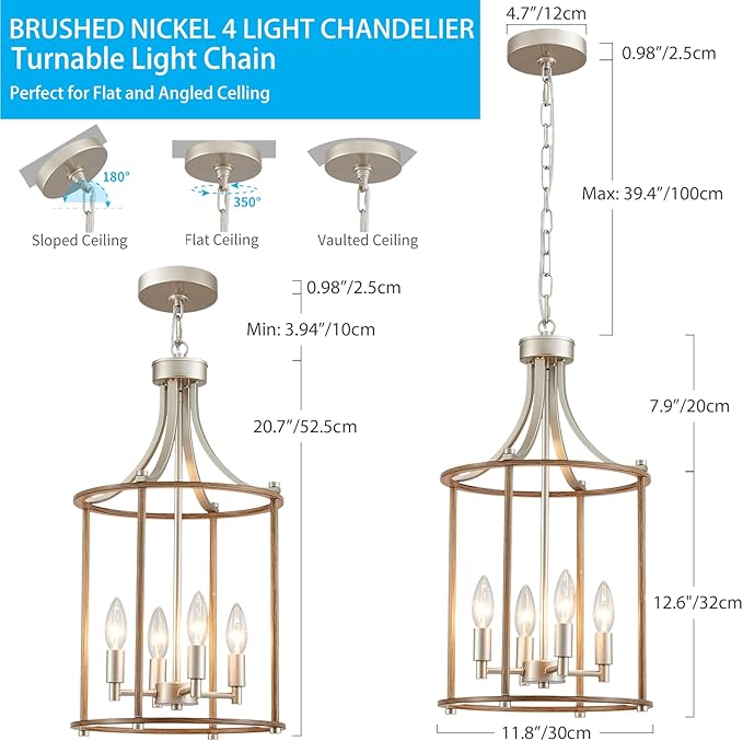 XINGQI Farmhouse Chandeliers for Dining Room,4 Light Nickel Wood Grain Finish Hanging Lantern Pendant Lighting Fixture for Staircase Foyer Kitchen Island Dinning Room Living Room