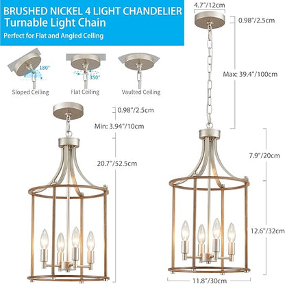 XINGQI Farmhouse Chandeliers for Dining Room,4 Light Nickel Wood Grain Finish Hanging Lantern Pendant Lighting Fixture for Staircase Foyer Kitchen Island Dinning Room Living Room