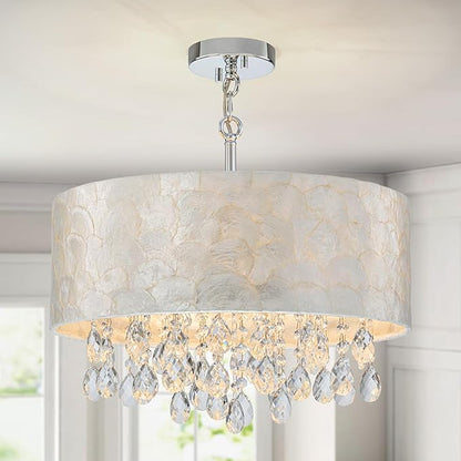LumFurn 4-Light Drum Capiz Shell Crystal Chandeliers, Coastal Style Pendant Light Fixture for Dining Room, Living Room, D18 x 21~68"(Adjustable), Shell Lampshade & Chrome Finish