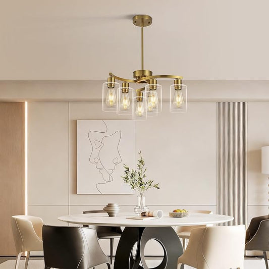 6 Light Gold Dining Room Light Fixture，Modern Farmhouse Kitchen Chandeliers Over Table，Adjustable Height Hanging Pendant Lighting for Kitchen Island ，with Glass Shade