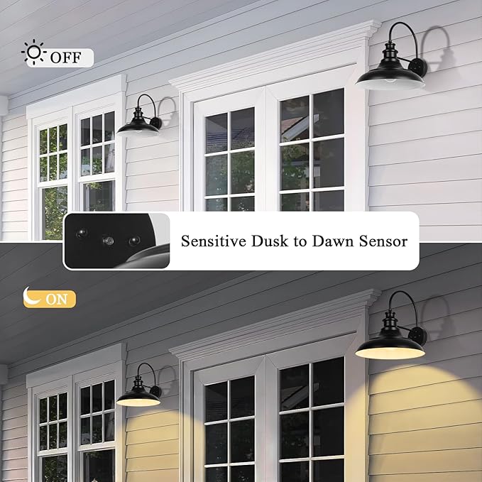 Dusk to Dawn Sensor Outdoor Barn Light Fixtures, 12.3 Inch Dome Farmhouse Outdoor Wall Sconces, Exterior Wall Mount Lights, Industrial Black White Wall Lanterns for Porch, DDRZ004-4 BK+WH