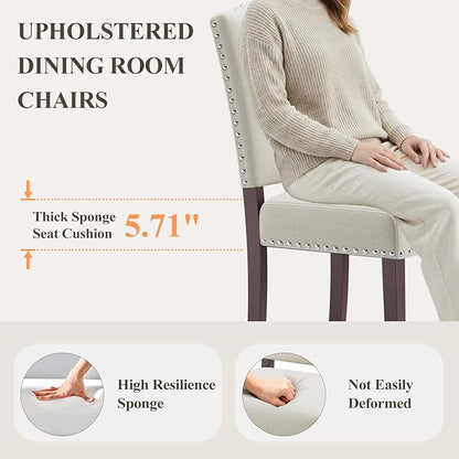 Upholstered Parsons Dining Chairs Set of 2, Modern Dining Room Chairs with Back, Fabric Kitchen Side Chairs with Wood Legs, Nailhead Trim for Dinner Farmhouse Restaurant, Beige