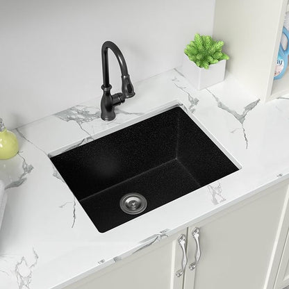 Sarlai Black 24 Inch Undermount Laundry Sink Granite Composite - 12 Inch Deep Utility Laundry Sink 24x18 Matte Black Granite Kitchen Sinks Undermount Quartz Classic Under Counter Single Bowl Basin