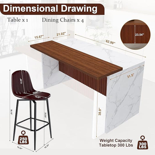 63" Modern Kitchen Island with Marble-Look Surface with 2/4 Bar Stools, Island Table with LED Lights, for Kitchen,Dining Room, Bar, Office, Living Room (White+4Dark Brown)