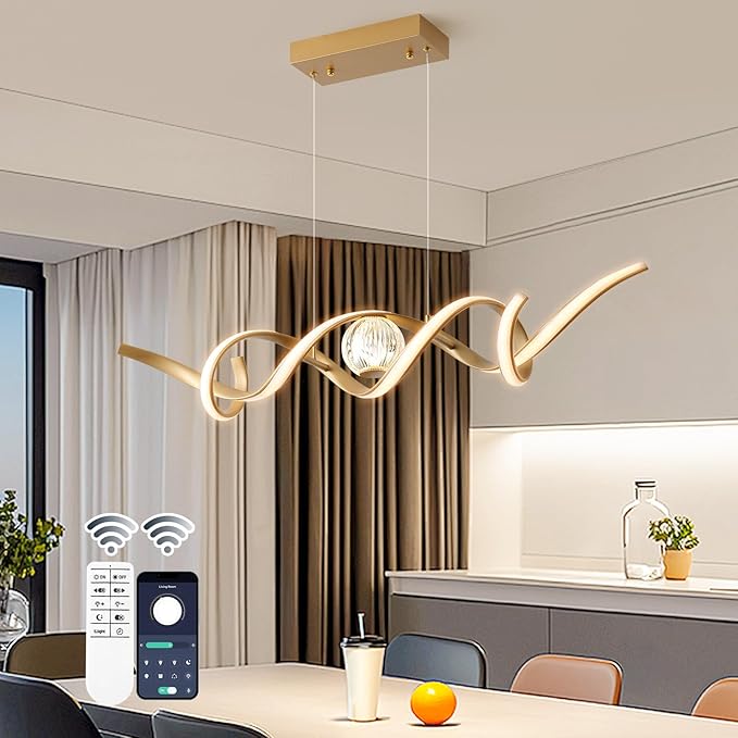 ORANOOR LED Modern Chandeliers for Dining Room, 39in Dimmable Gold Chandelier Kitchen Pendant Lighting Over Island, Linear Wave Spiral Pendant Light Fixtures Dining Room Lights Ceiling Hanging, 36W
