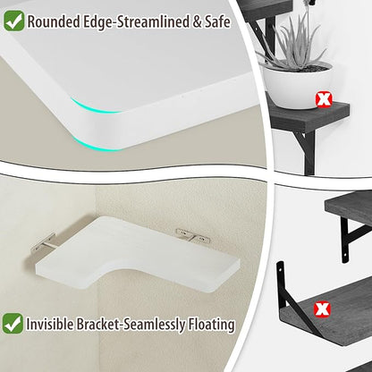 SAUMONIERES Corner Floating Shelves Wall Mount Shelf Solid Wood for Bedroom Bathroom Room Kitchen Storage Set of 3, White, Invisible Brackets