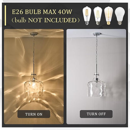 CATINER Extra Large 16" Vintage Farmhouse Pendant Light – Hand-Blown Clear Hammered Glass Shade, Adjustable Chain Hanging Light for Kitchen Island, Hallway, Dining Room, Chrome