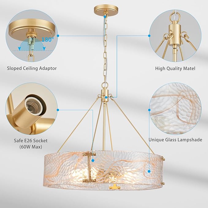 XINGQI 20.7“ Glass Gold Chandeliers for Dining Room, Drum 4-Light Over Table Hanging Pendant Lighting for Hight Ceiling Living Room Kitchen Island Bedroom Office