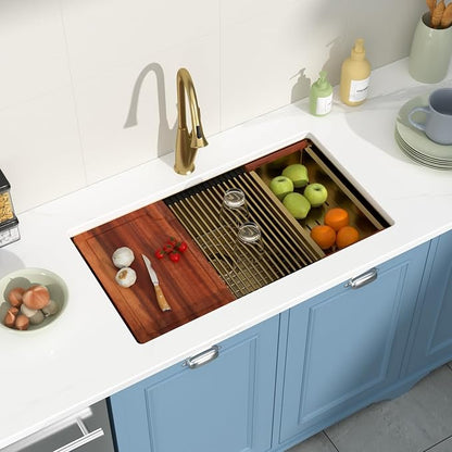 33 Undermount Gold Kitchen Sink Workstation 16 Gauge Stainless Steel 9 In Deep Kitchen Sinks with Practical Accessories