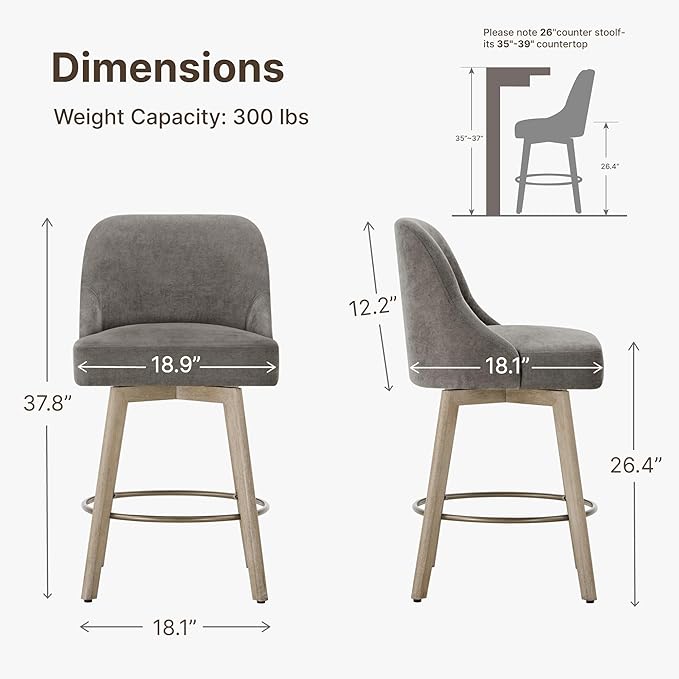Counter Height Bar Stools Set of 4, Modern Swivel Barstools with Back and Wood Legs, Fabric Upholstered Bar Chairs, 26" Seat Height Counter Stools for Kitchen Island,Grey