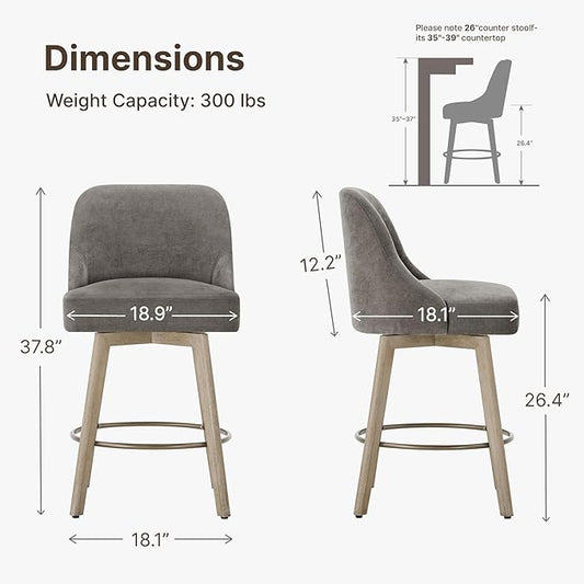 Counter Height Bar Stools Set of 4, Modern Swivel Barstools with Back and Wood Legs, Fabric Upholstered Bar Chairs, 26" Seat Height Counter Stools for Kitchen Island,Grey