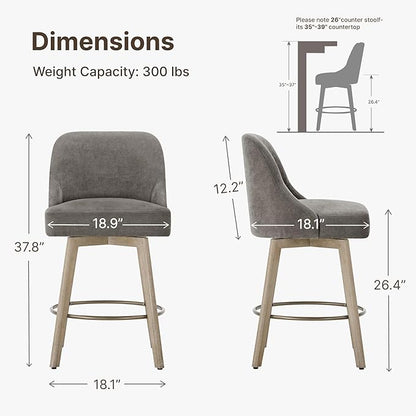 Counter Height Bar Stools Set of 2, Modern Swivel Barstools with Back and Wood Legs, Fabric Upholstered Bar Chairs, 26" Seat Height Counter Stools for Kitchen Island,Grey