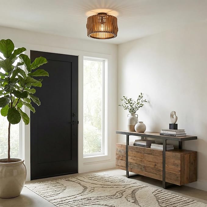 Capital Lighting 244632WK Archer Modern Artisan-Crafted Mango Wood Dual Mount Pendant/Semi Flush Ceiling Light, 1-Light 100 Watt, 11" H x 16" W, Light Wood and Matte Black