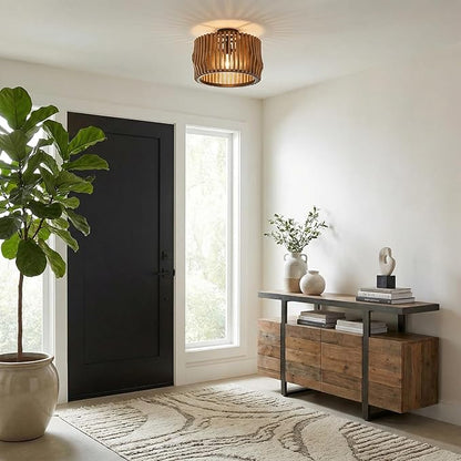 Capital Lighting 244632WK Archer Modern Artisan-Crafted Mango Wood Dual Mount Pendant/Semi Flush Ceiling Light, 1-Light 100 Watt, 11" H x 16" W, Light Wood and Matte Black