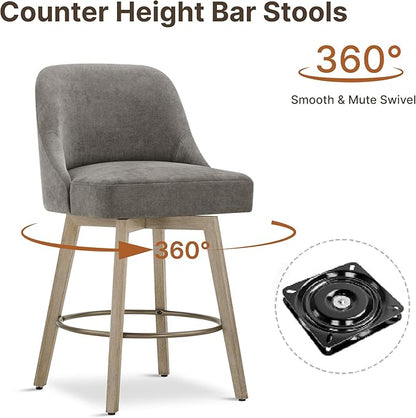 Counter Height Bar Stools Set of 4, Modern Swivel Barstools with Back and Wood Legs, Fabric Upholstered Bar Chairs, 26" Seat Height Counter Stools for Kitchen Island,Grey