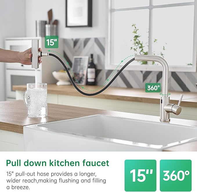 CENOSA Touchless Kitchen Faucet Motion Sensor Hands Free Single Handle Kitchen Sink Faucet with Pull Down Sprayer Brusshed Nickel