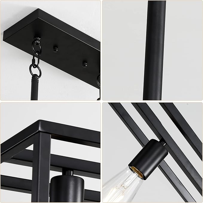 Black 4-Light Industrial Vintage Chandelier, Modern Linear Rectangular Cage Hanging Light Fixture for Farmhouse Kitchen, Dining Room, Bar, Living Room