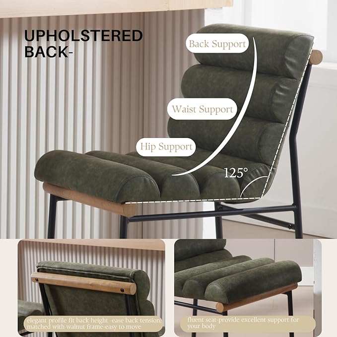 Green Pu Leather Bar stools Set of 6, 25” Modern Upholstered Counter stools with Black Metal Legs, Armless Counter Height Chairs with Channel Tufted Back for Kitchen Island Home Pub