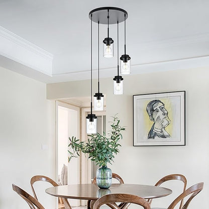 MELUCEE 5-Light Pendant Light Fixtures Ceiling Hanging Cluster Chandelier Black with Clear Glass Shade, Modern Pendant Lighting for Kitchen Island Dining Room Living Room