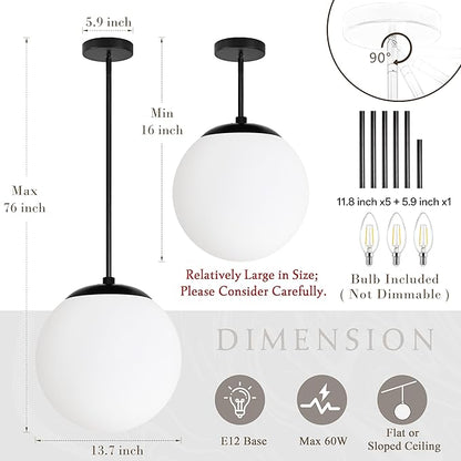 Bagood 14" Globe Pendant Light 3-Light Black Milk Glass Pendant Light Mid Century Modern Light Fixture Globe Pendant Lights Kitchen Island Matte Black Finished with Milk Glass Lampshade for Bedroom