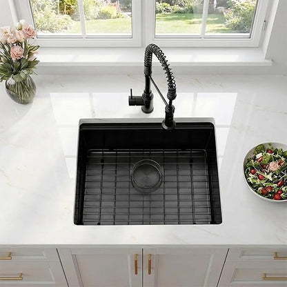 23 Inch Black Undermount Kitchen Sink,16 Gauge Stainless Steel Kitchen Sink Single Bowl, 23"x19"x9" Undermount Sink Ledge Workstation Sinks With All Accessories, Multi-Functional Sinks
