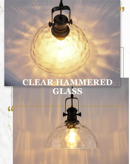 Large Pendant Lights Kitchen Island, 10.5" Farmhouse Black Pendant Lighting with Hammered Glass Shade, Vintage Hanging Light Fixtures for Dining Room Entryway, AD-22151-1PL-BK-H