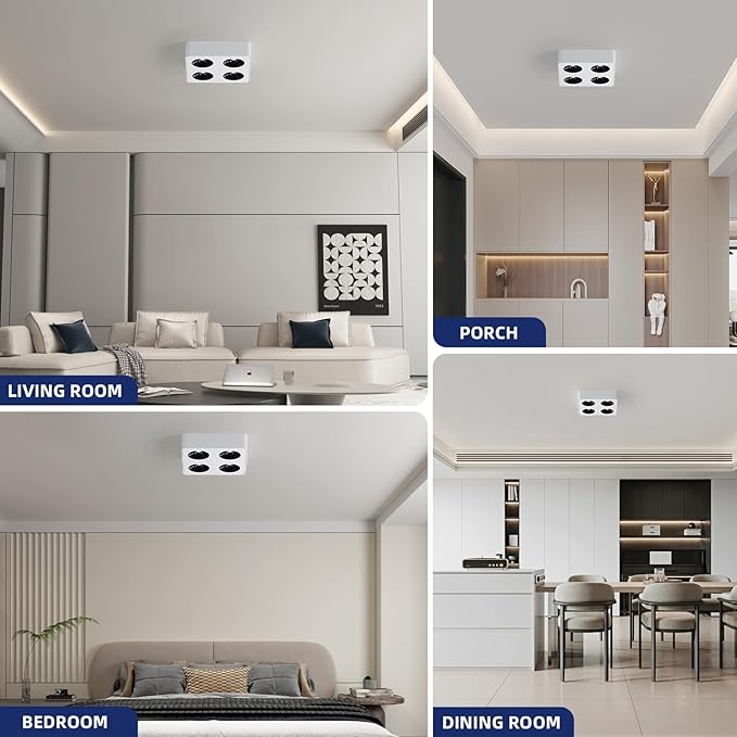 JAYMP Square Modern LED Ceiling Spotlight 3000K Dimmable White Surface Mount Focus Down Light for Living Room Hallway Laundry Room (White, Quadruple Lamp)