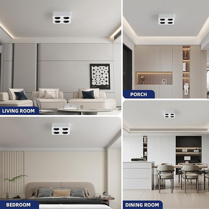 JAYMP Square Modern LED Ceiling Spotlight 3000K Dimmable White Surface Mount Focus Down Light for Living Room Hallway Laundry Room (White, Quadruple Lamp)