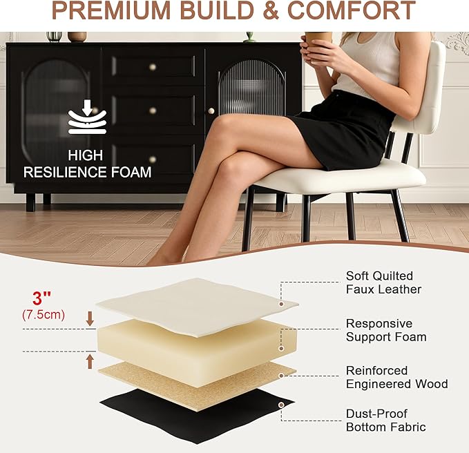 VECELO Dining Chairs Set of 2, Modern Upholstered Kitchen Chairs with Faux Leather Cushion Seat & Metal Legs for Kitchen, Living Room, Tufted Backrest Design, Beige