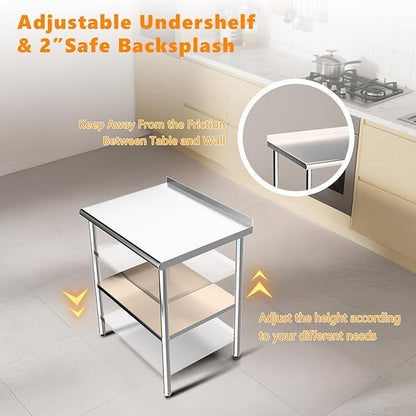 ROVSUN 30'' x 24'' Stainless Steel Table for Prep & Work,Commercial Worktables & Workstations, NSF Heavy Dut Metal Table with Adjustable UnderShelf & Backsplash for Kitchen, Restaurant,Home,Hotel