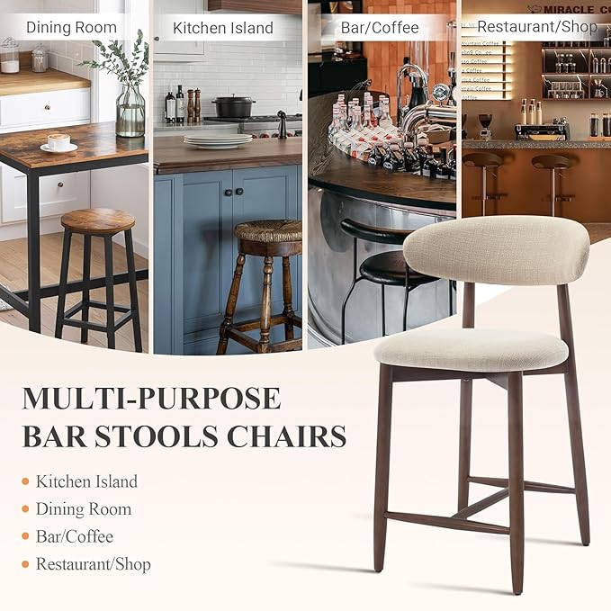 COLAMY Counter Height Bar Stools Set of 3, Upholstered Barstools with Back, Mid Century Modern Stools with Wood Legs for Kitchen Island Dining Room, Beige