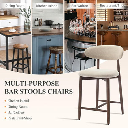 COLAMY Counter Height Bar Stools Set of 3, Upholstered Barstools with Back, Mid Century Modern Stools with Wood Legs for Kitchen Island Dining Room, Beige