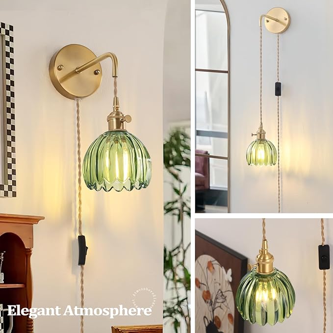 Shenmoyl Vintage Wall Sconce Wall Lamp with Green Tulip Glass Shade Hanging Wall Sconce with 4.9FT Plug in Cord, Modern Wall Lamp Fixtures Decor for Bedside Bedroom Indoor Doorway