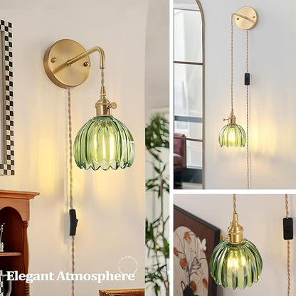 Shenmoyl Vintage Wall Sconce Wall Lamp with Green Tulip Glass Shade Hanging Wall Sconce with 4.9FT Plug in Cord, Modern Wall Lamp Fixtures Decor for Bedside Bedroom Indoor Doorway