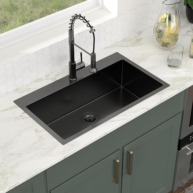 Logmey 30 In Drop in Kitchen Sink 30x19x9 PVD Nano Gun Black 16 Gauge Stainless Steel Single Bowl Sink with Bottom Grid Roll-up Drying Rack for Residential Kitchen & Utility Space