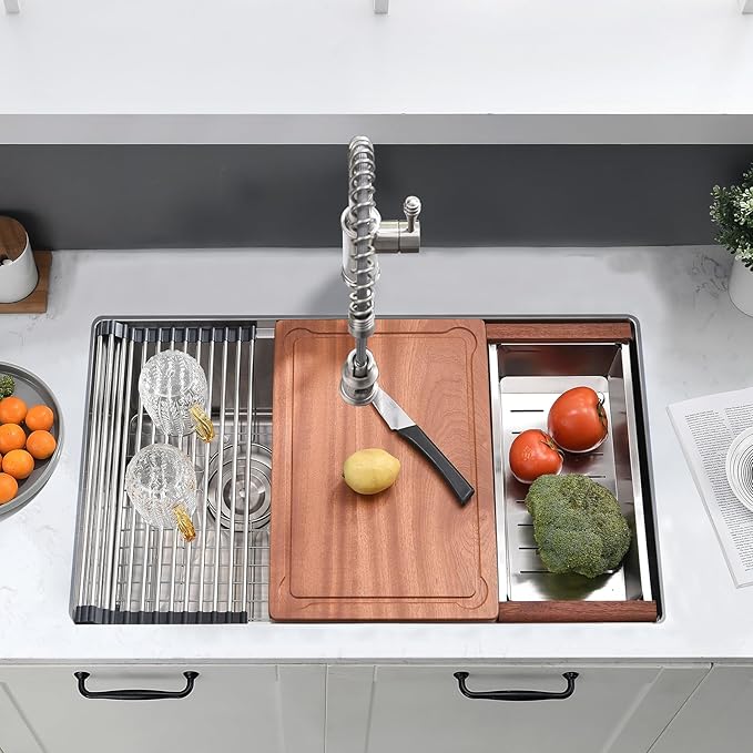 33 Inch Undermount Kitchen Sink Double Bowl - 16 Gauge Stainless Steel Undermount Double Bowl Workstation Kitchen Sink 50/50, 33x19 Inch