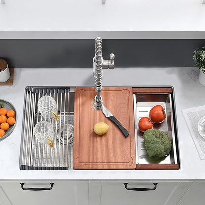 33 Inch Undermount Kitchen Sink Double Bowl - 16 Gauge Stainless Steel Undermount Double Bowl Workstation Kitchen Sink 50/50, 33x19 Inch