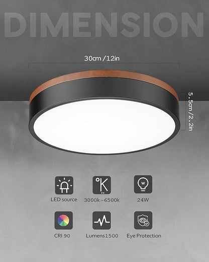 Ken & Ricky 12 Inch Wood Flush Mount Ceiling Light Fixtures,Round Flat Led Ceiling Light Dimmable,Close to Ceiling Light Fixtures for Kitchen Bathroom Bedroom Hallway 5CCT 24W 1PK