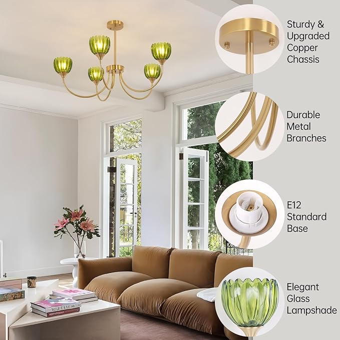 Shenmoyl 30.31" Brass Gold Chandelier, 5-Light Chandelier Light with Green Tulip Glass Lampshade, Height Adjustable Vintage Chandeliers for Dining Room Living Room Kitchen Island